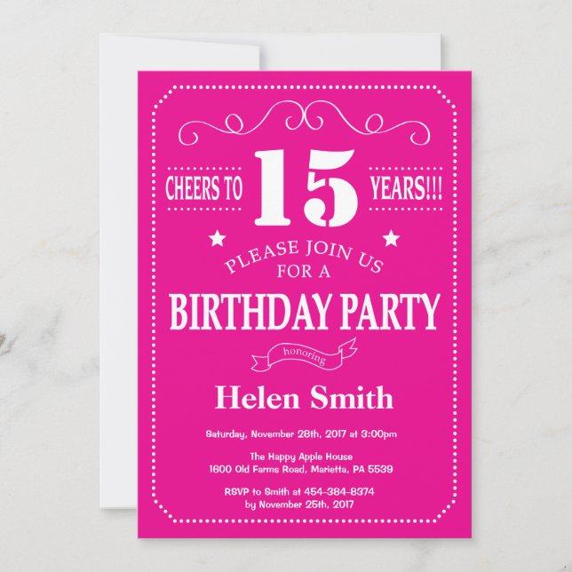 Invitation du 15e anniversaire rose et blanc chaud (Devant)