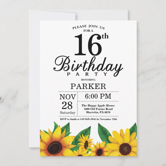 Invitation du 16e anniversaire du tournesol (Devant)