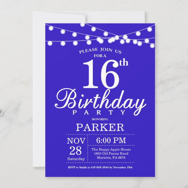 Invitation du 16e anniversaire Royal Blue (Devant)