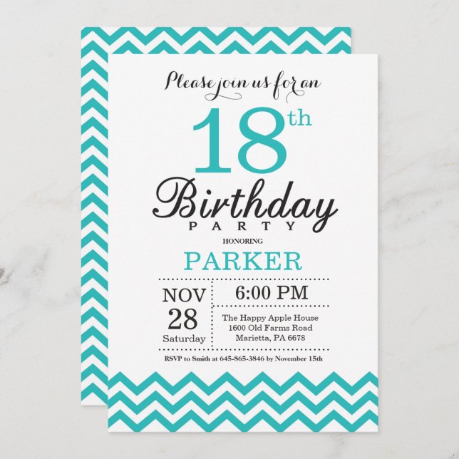 Invitation du 18e anniversaire Turquoise Chevron (Devant / Derrière)