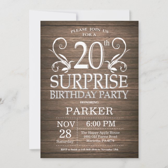 Invitation du 20e anniversaire de surprise Bois ru (Devant)