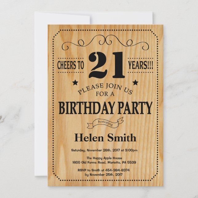 Invitation du 21e anniversaire Bois rustique (Devant)