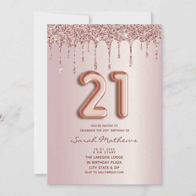Invitation du 21e anniversaire Rose Parties scinti (Devant)