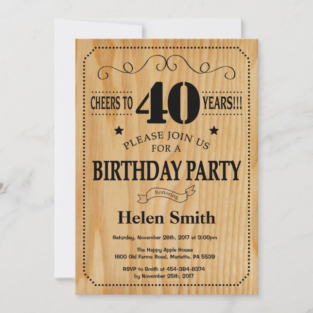 Invitation du 40e anniversaire Bois rustique (Devant)