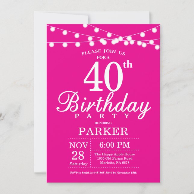 Invitation du 40e anniversaire rose chaud (Devant)