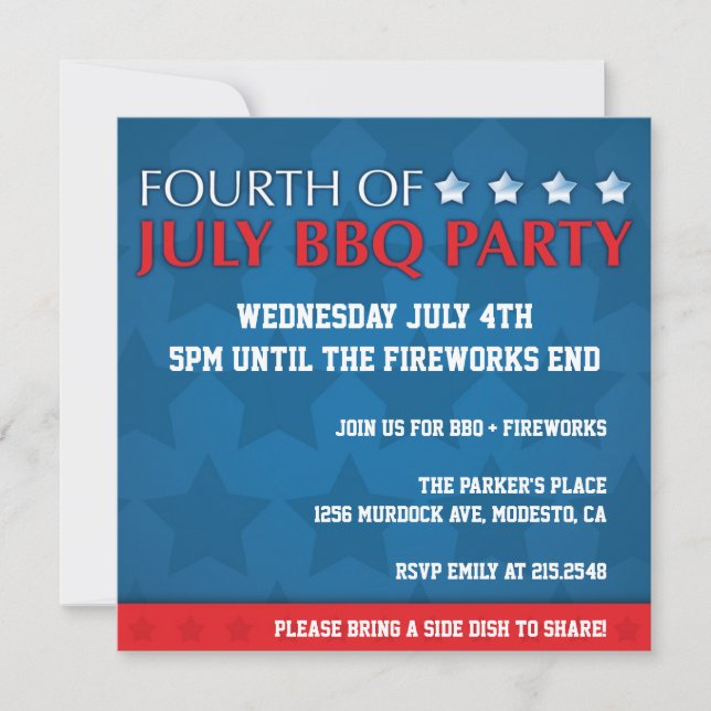Invitation du 4 juillet du BBQ Party (Devant)