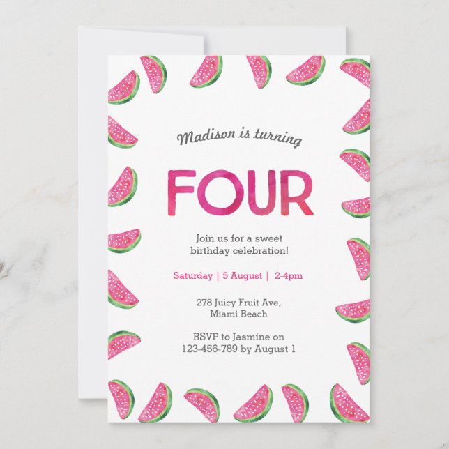 Invitation du 4e anniversaire | pastèque tropicale (Devant)