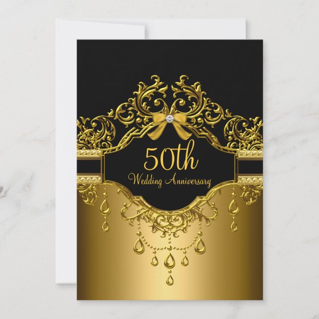 Invitation du 50e anniversaire Gold & Black Damask (Devant)