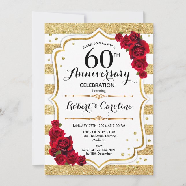 Invitation du 60e anniversaire - Roses rouges blan (Devant)