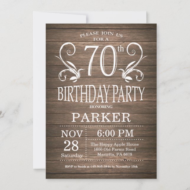 Invitation du 70e anniversaire Bois rustique Flora (Devant)