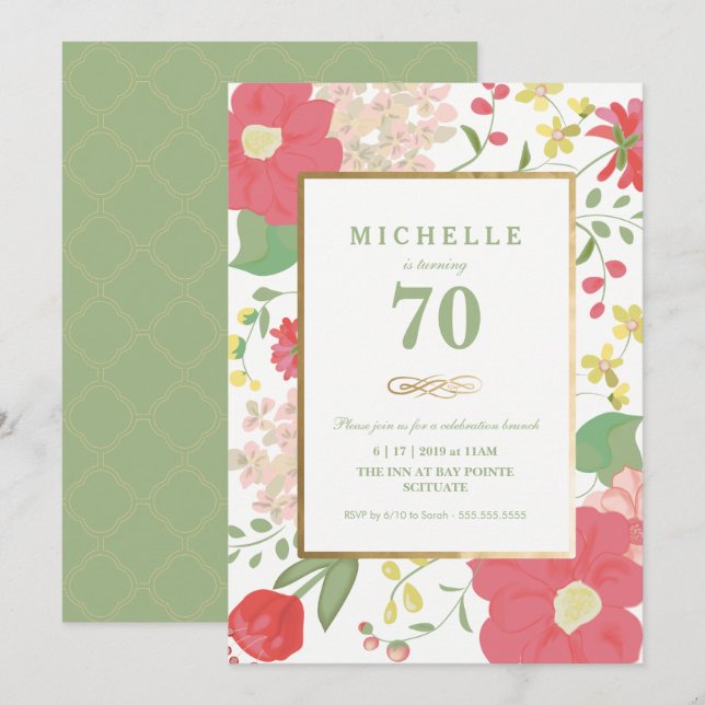 Invitation du 70e anniversaire - Or, élégant flora (Devant / Derrière)
