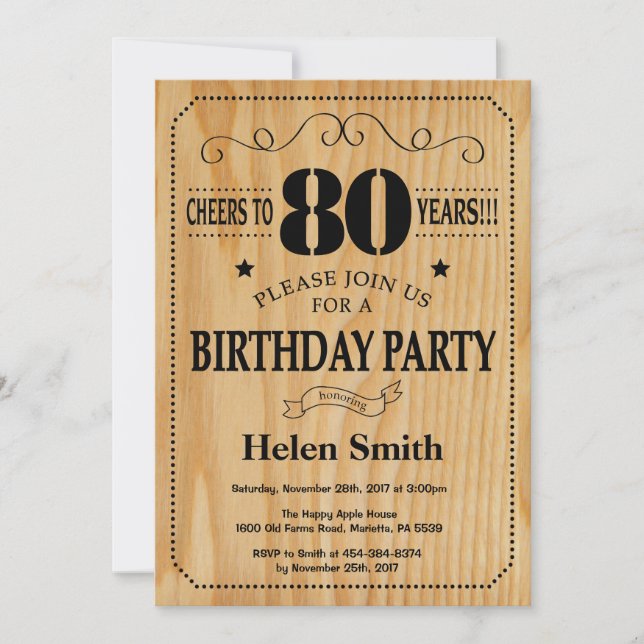 Invitation du 80e anniversaire Bois rustique (Devant)