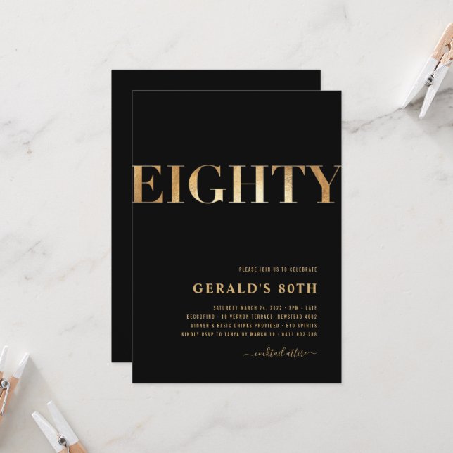 Invitation du 80e anniversaire | Noir & Or | pour  (Devant/Arrière en situation)