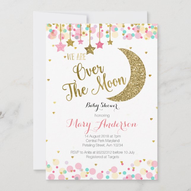 Invitation du Baby shower arc-en-ciel de la lune (Devant)