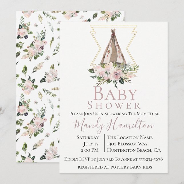Invitation du Baby shower Botanique Dusty Mauve (Devant / Derrière)