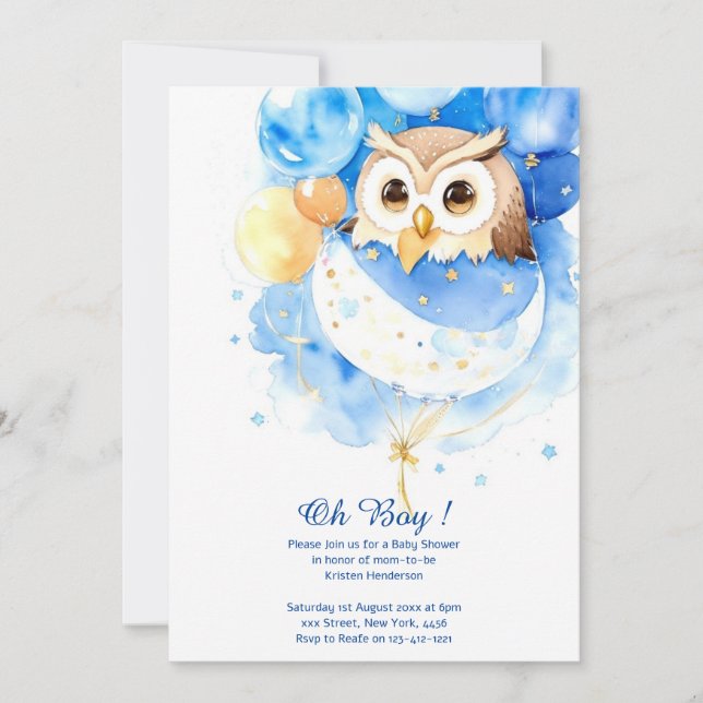 Invitation du Baby shower Boy Owl Watercolor (Devant)