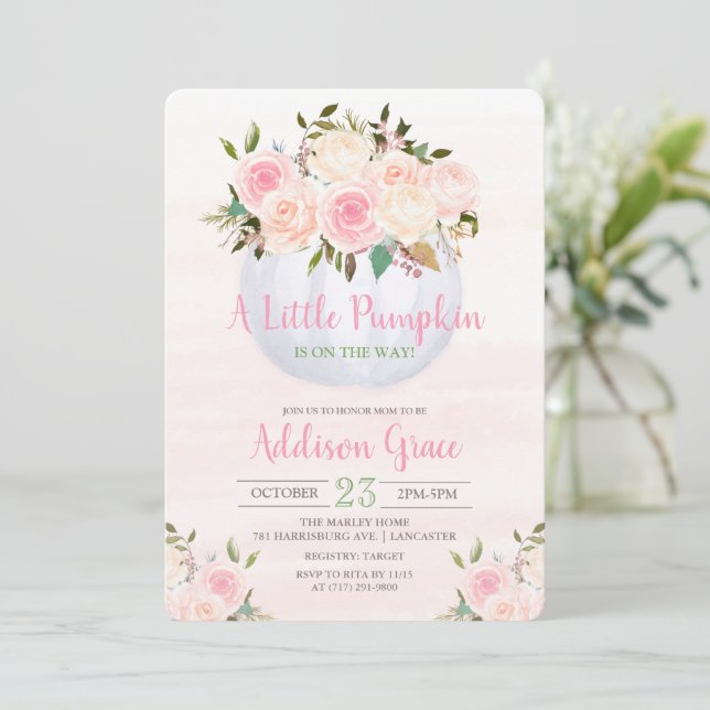Invitation du Baby shower Citrouille floral (Debout devant)