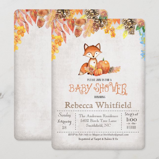 Invitation du Baby shower Citrouille Little Fox (Devant / Derrière)