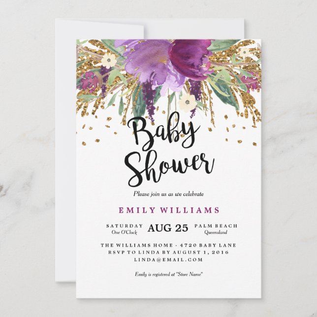 Invitation du Baby shower d'Améthyste pétillant fl (Devant)