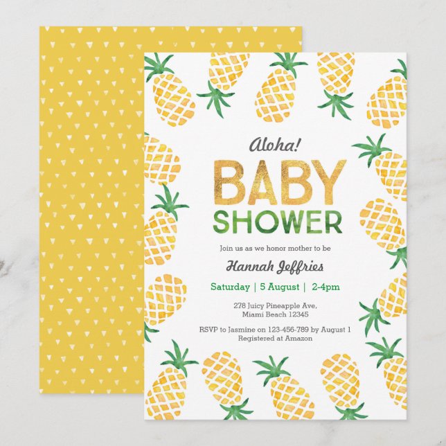 Invitation du Baby shower d'ananas tropical (Devant / Derrière)