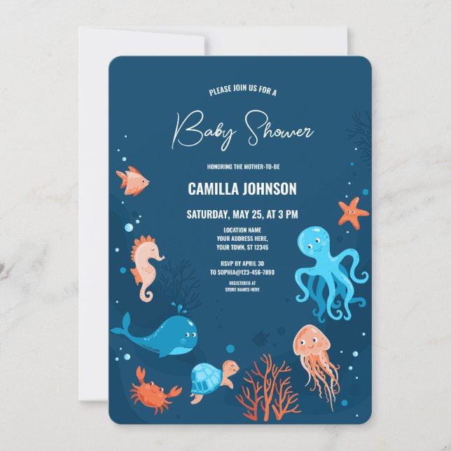 Invitation du Baby shower d'animaux de l'océan mar (Devant)