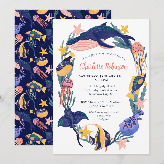 Invitation du Baby shower d'animaux de l'océan mar (Devant / Derrière)