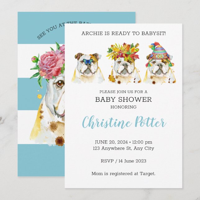 Invitation du Baby shower d'aquarelle Bulldog angl (Devant / Derrière)