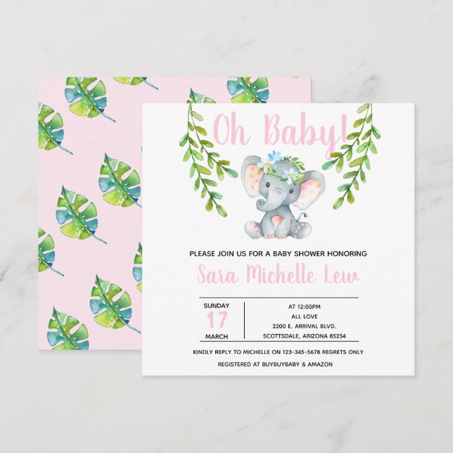Invitation du Baby shower d'aquarelle de fille (Devant / Derrière)