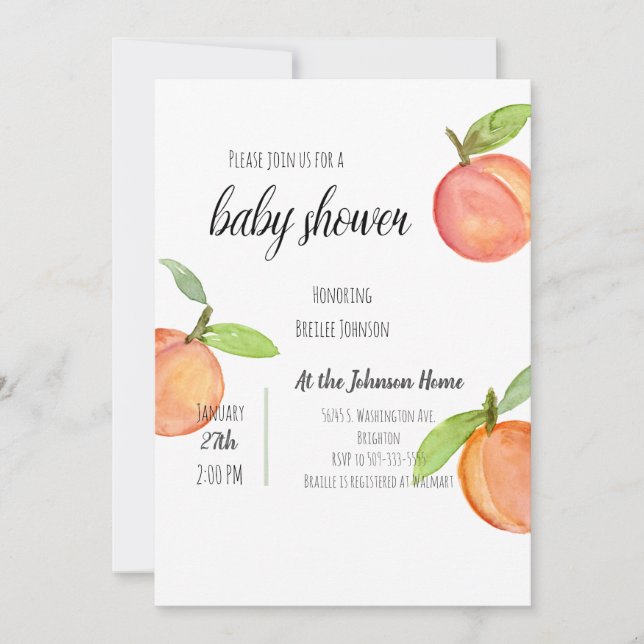 Invitation du Baby shower d'aquarelle de pêche (Devant)