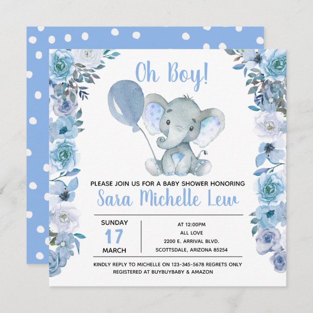 Invitation du Baby shower d'aquarelle éléphant du  (Devant / Derrière)
