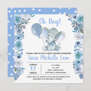 Invitation du Baby shower d'aquarelle éléphant du 