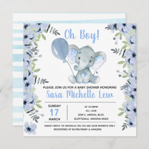 Invitation du Baby shower d'aquarelle éléphant du 