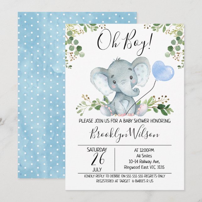 Invitation du Baby shower d'aquarelle éléphant du  (Devant / Derrière)