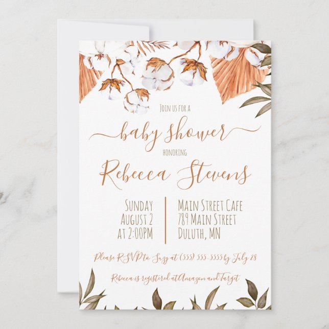 Invitation du Baby shower d'aquarelle Fleur de Cot (Devant)