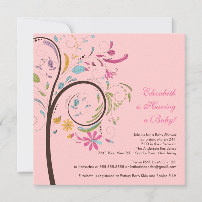 Invitation du Baby shower d'arbre floral du printe (Devant)
