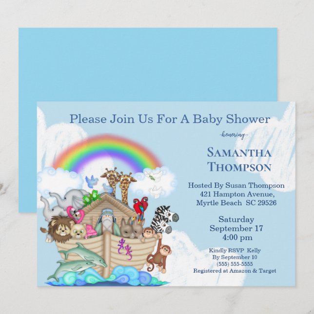 Invitation du Baby shower d'arche de Bleu Noé (Devant / Derrière)