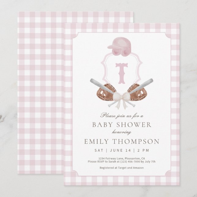 Invitation du Baby shower de baseball rose Preppy (Devant / Derrière)
