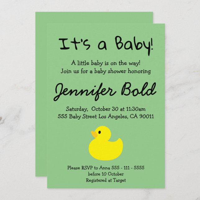 Invitation du Baby shower de canard jaune (Devant / Derrière)