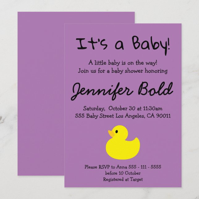 Invitation du Baby shower de canard jaune (Devant / Derrière)