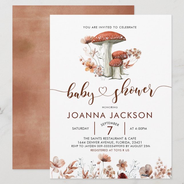 Invitation du Baby shower de champignons de champi (Devant / Derrière)