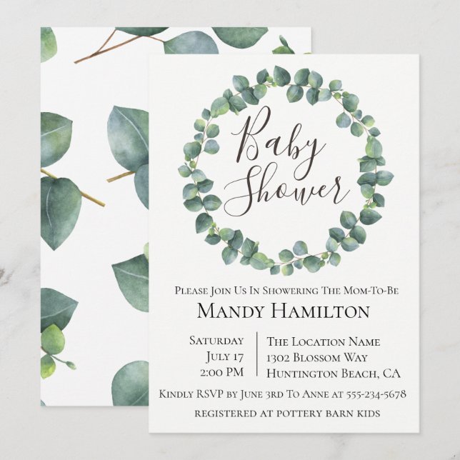 Invitation du Baby shower de couronne d'eucalyptus (Devant / Derrière)