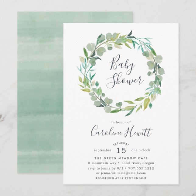Invitation du Baby shower de couronne d'eucalyptus (Devant / Derrière)