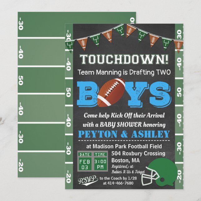 Invitation du Baby shower de football TWIN (Devant / Derrière)