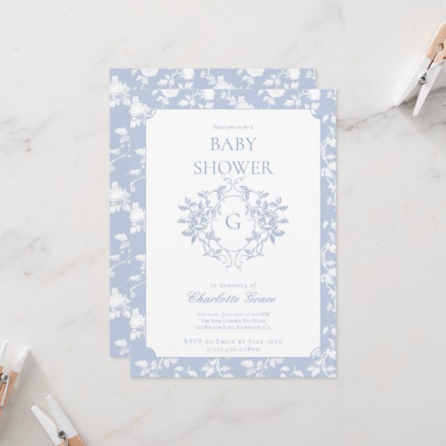 Invitation du Baby shower de la crête de monogramm (Devant/Arrière en situation)