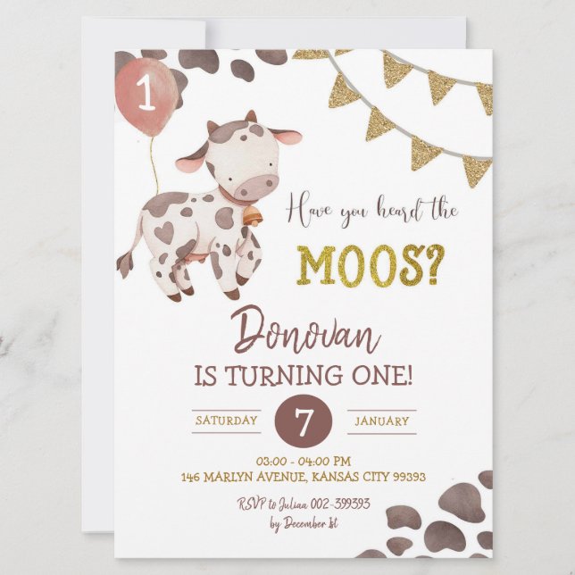 Invitation du Baby shower de la ferme de vache Boy (Devant)