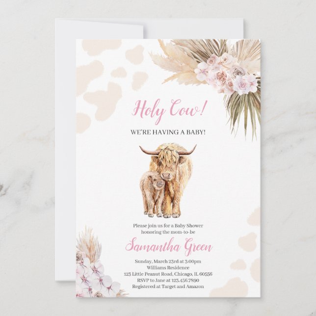 Invitation du Baby shower de la vache rose (Devant)
