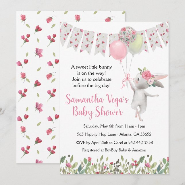 Invitation du Baby shower de lapin floral de print (Devant / Derrière)