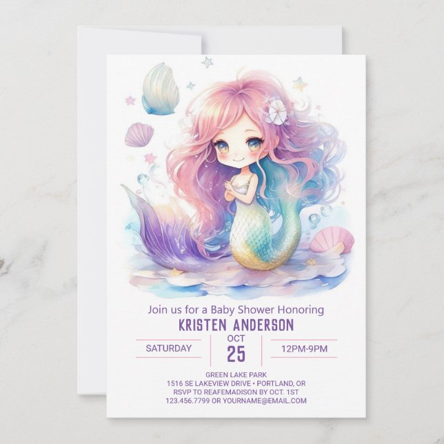 Invitation du Baby shower de sirène Whimsy Waterco (Devant)