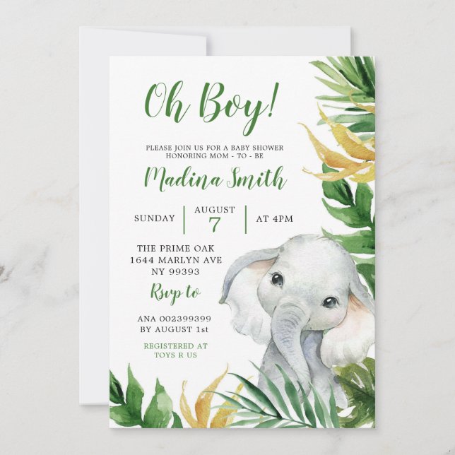 Invitation du Baby shower des éléphants tropicaux (Devant)