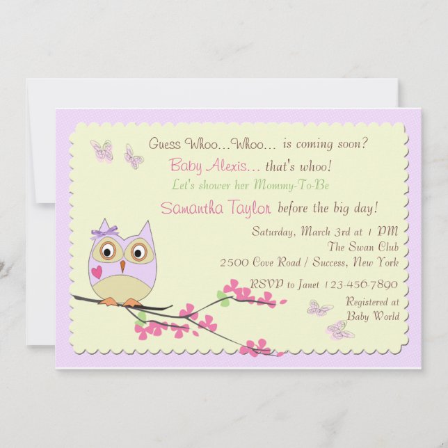 Invitation du Baby shower des hibou et papillons (Devant)